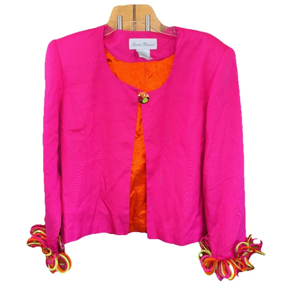 Laura Henson Pink blazer jacket Button 10 Lined Vintage Colorful Cuffs